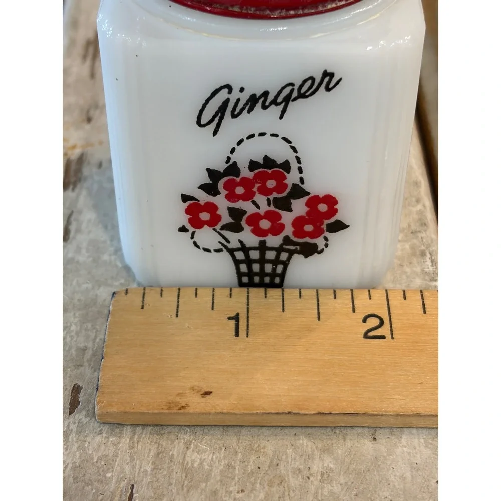 Vintage TIPP USA Milk Glass Spice Jar Set 8pc Red Lids Floral Basket Rack